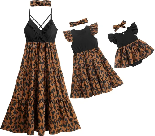 AWIBMK Mommy and Me - Vestidos a juego con volantes de leopardo, sin mangas, para verano, playa, mamá, hija, trajes a juego con diadema, 2 unidades