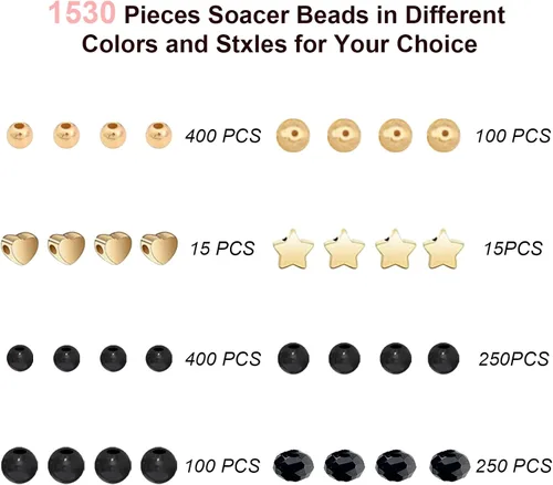 Miniatura 2 de SEMATA Juego de 1500 cuentas negras para hacer joyas, con estrellas y cuentas de corazón, cuentas redondas y poligonales acrílicas negras lisas