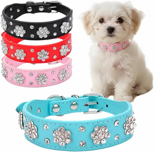 Miniatura 11 de Collar de perro con flores de diamantes de imitación, collar de piel sintética brillante para perros y gatos pequeños, bonito collar de cachorro