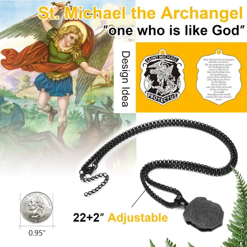 Miniatura 2 de ChainsPro Collar de San Miguel para hombre con oración completa, medallón de arcángel de protección, cadena de 55+2.0 in ajustable, acero inoxidable
