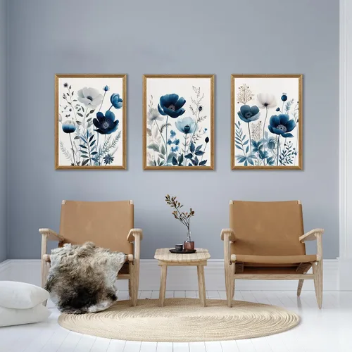 Miniatura 3 de DUWQU 3 piezas de arte de pared en lienzo floral azul marino, marco de madera azul marino, flores silvestres lirio, margaritas, decoración de pared