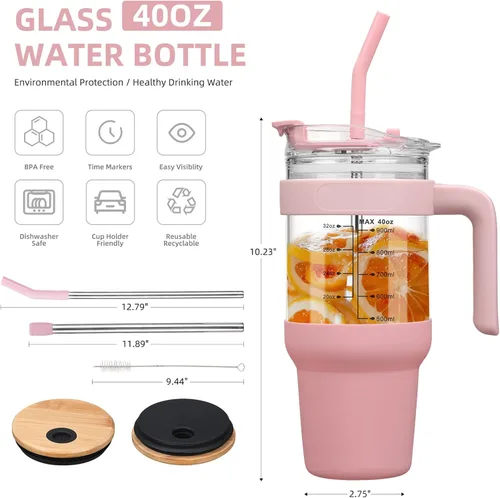 Miniatura 4 de chunmo Vaso de vidrio de 40 onzas con 2 tapas - Tapa de pajita de bambú y tapa de pajita 2 en 1 para sorber y voltear, taza de café helado con asa