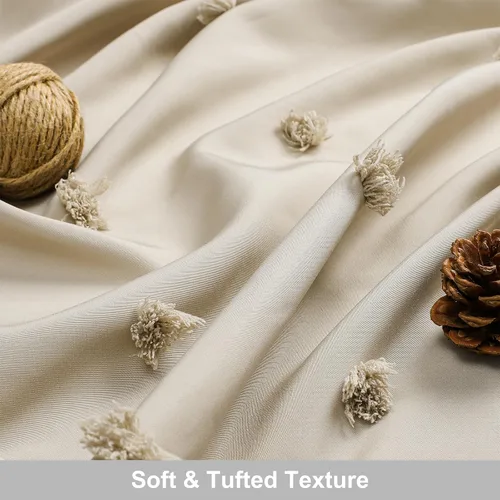 Miniatura 4 de LilyCat Cortina de Ducha de Tela Beige Estilo Boho Granja, 72x72 pulgadas Plisados Acolchados Florales Abullonados con Textura de Borlas, Cortina