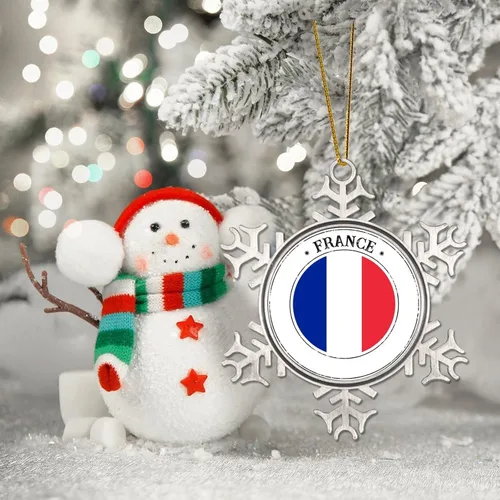 Miniatura 6 de Adorno de copo de nieve de metal navideño Bandera de Francia colgante de copo de nieve de peltre personalizado recuerdo decorativo para Navidad Año