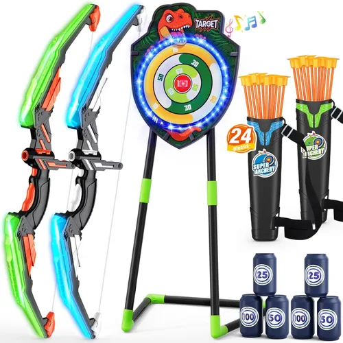 Miniatura 10 de HYES Arco y flecha para niños, juego de tiro con arco con luz LED con 12 flechas de ventosa, 1 blanco de pie, 3 blancos de puntuación y 1 carcaj