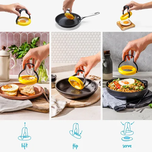 Miniatura 3 de Dreamfarm Flegg Anillos de Silicona Flexibles 3 en 1 para Huevos, Volteadores y Servidores Seguros en Antiadherente - Paquete de 2, Amarillo/Negro
