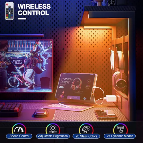 Miniatura 6 de Grandder - Escritorio de juegos de 47 pulgadas con toma de corriente y luz LED, escritorio para computadora con estantes reversibles y cajón