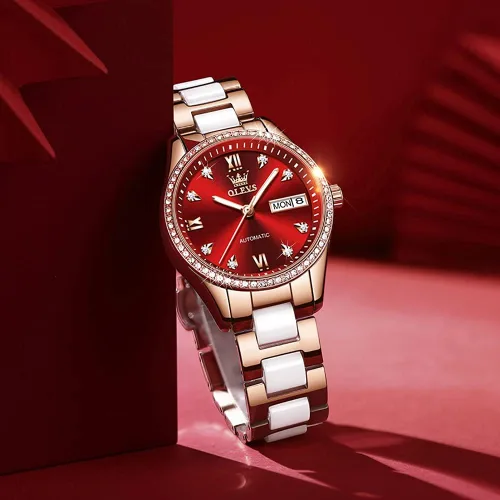Miniatura 5 de OLEVS Relojes de oro rosa para mujer correa de acero inoxidable de cerámica reloj mecánico automático calendario de puntero luminoso impermeable