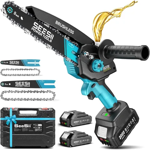 SEESII Mini motosierra inalámbrica, de 8 pulgadas y 6 pulgadas, motosierra eléctrica con 2 baterías y engrasador automático, motosierra de mano sin