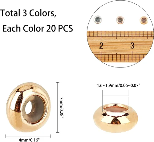 Miniatura 2 de PH PandaHall 60 cuentas deslizantes de silicona de latón, 3 colores de 0.276 in, cierres deslizantes para bricolaje pulseras europeas collares