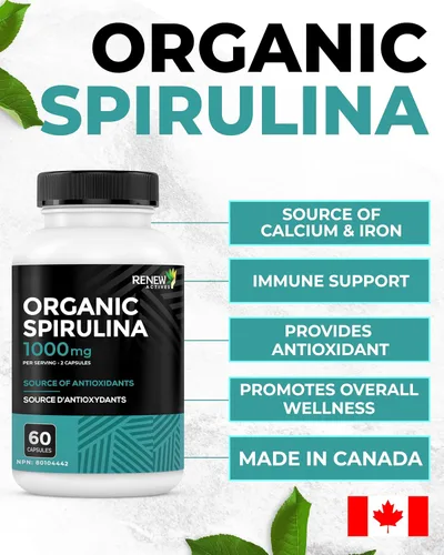 Miniatura 7 de Renew Actives Espirulina orgánica de 1000 mg por 2 cápsulas – Superalimento para hombres y mujeres – Apoya la energía, el bienestar y la función