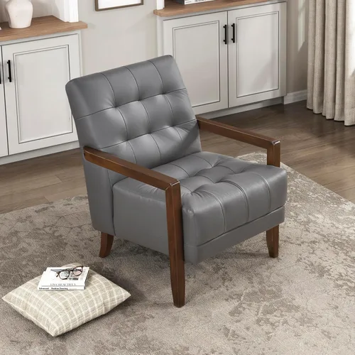 Miniatura 13 de Lexicon Silla decorativa moderna de lujo, silla de sala de estar de cuero genuino con cojines capitonados, estructura de madera maciza
