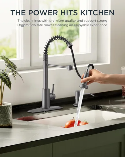 Miniatura 4 de FORIOUS Grifo de cocina con rociador extraíble, grifo de fregadero clásico de resorte extraíble de acero inoxidable comercial de una sola manija Gris
