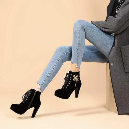 Miniatura 5 de Botines de tacón alto para mujer, otoño, redondo, de agujetas, con tacón grueso y plataforma. Botines Knight Martin.