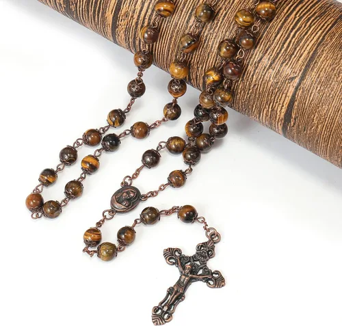Miniatura 4 de Nazareth Store Collar de rosario con cuentas de piedra natural, 0.315 in, diseño de cobre antiguo, medalla de suelo sagrado y cruz en bolsa