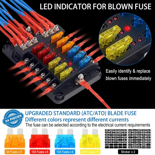 Miniatura 4 de Bloque de fusibles, soporte de caja de fusibles de 12 V con indicador LED, cubierta impermeable, panel Cyrico de 12 circuitos con bus negativo