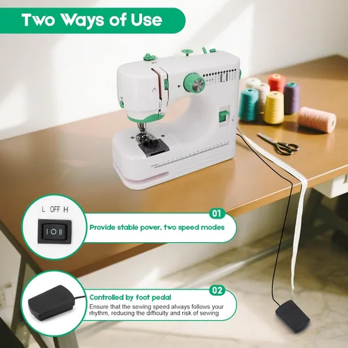 Miniatura 6 de Máquina de coser para principiantes con 12 puntadas integradas, 6 pies incluidos, máquina de coser portátil con pedal de pie, velocidades altas-bajas