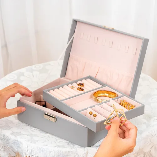 Miniatura 2 de Smileshe Joyero para mujeres y niñas, organizador de piel sintética con cerradura, 2 capas extraíbles de almacenamiento de viaje para anillos