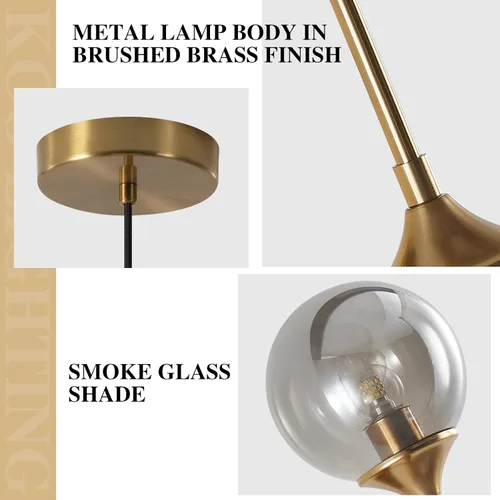 Miniatura 3 de KCO Lighting - Lámpara colgante moderna de globo de 1 luz, luz colgante de vidrio ahumado individual grande de mediados de siglo, latón cepillado