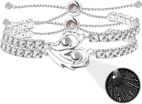 Miniatura 10 de Pulseras de proyección en 100 idiomas con texto en inglés "I Love You", 2 pulseras a juego con rompecabezas de corazón de amor de 0.118 in