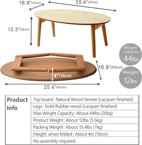 Miniatura 2 de EMOOR Mesa de centro plegable de madera, Samll (17" Dx35 W) Nogal