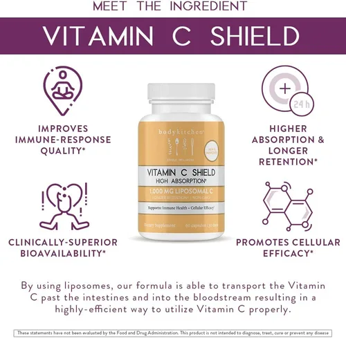 Miniatura 2 de Body Kitchen Escudo liposomal de vitamina C, 1000 mg PureWay-C, alta absorción, sin OMG, apoya la salud inmunológica y la eficacia celular, cápsulas