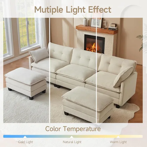 Miniatura 8 de Amsleekey Sofá Seccional Modular, 111.5" en Forma de U de Pana Cómodo Sofás Seccionales para Sala de Estar, Sofás Nube de 3 Plazas con 2 Otomanas