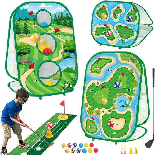 Juego de golf adhesivo para niños de 4 en 1 con palo, tapete de práctica de golf, red de astillado de golf de 3 lados, múltiples modos de juego,