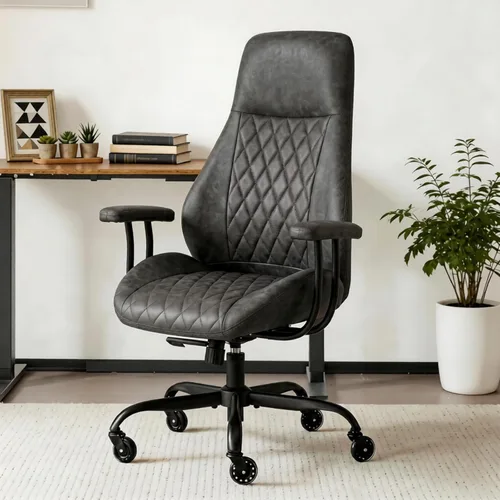 Miniatura 13 de E-Motie Silla de Escritorio para Oficina en Casa, Silla de Computadora de Cuero Ergonómica de Respaldo Alto con Soporte Lumbar, Altura Ajustable