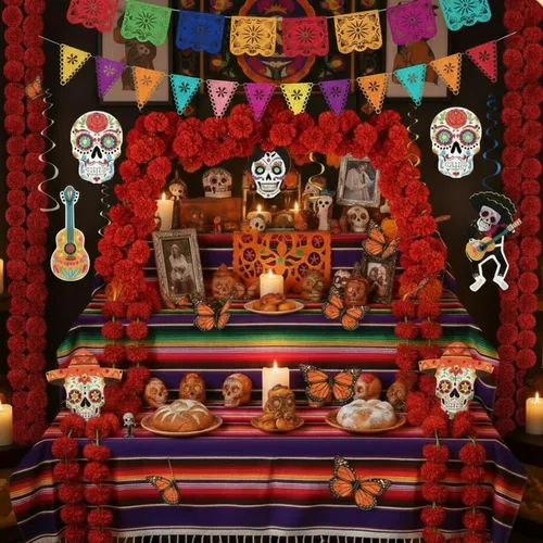 Juego de 30 piezas de decoración de Altar de Ofrendas, guirnalda de caléndula mexicana, mantel de serape, calavera de azúcar, remolino, mariposa Rojo