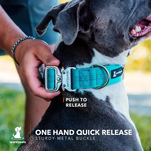 Miniatura 2 de SparklyPets Collar de perro ancho de servicio pesado con hebilla cromada de liberación rápida, collar táctico grueso para perro con rayas Azul