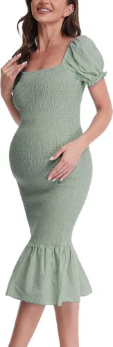 Vestido de maternidad de verano a media pierna, manga corta abombada, cuello cuadrado, dobladillo con volantes, vestido de sirena para baby shower