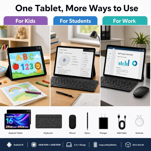 Miniatura 2 de Jeazans Tablet Android 16 de 10.1 pulgadas, paquete de tableta 2 en 1 con teclado, mouse inalámbrico, lápiz capacitivo, funda de cuero, cámara