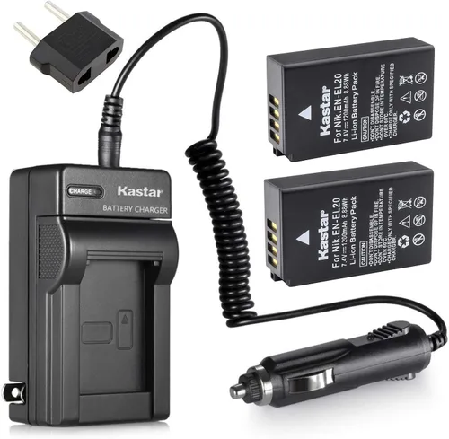 Kastar Paquete de 2 baterías + cargador para batería Nik EN-EL20 EN-EL20a, cargador MH-27 MH-29, Nik Coolpix P950, P1000, Coolpix A, 1 AW1, 1 J1, 1