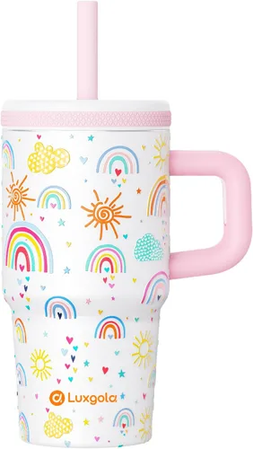 Miniatura 11 de Taza infantil de 20 oz con asa, tapa de rosca a prueba de fugas con pajita de silicona extraíble, a prueba de derrames, botella de agua reutilizable