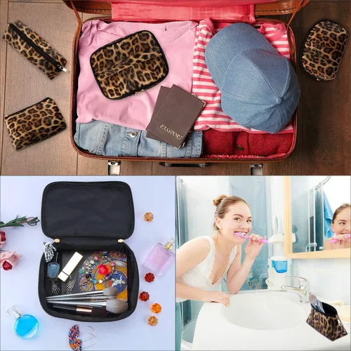 Miniatura 2 de Bolsa de maquillaje con estampado de leopardo, bolsa de cosméticos de viaje, bolsa de maquillaje portátil, organizador de brochas, bolso para mujer