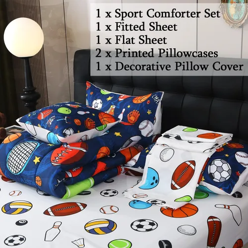 Miniatura 5 de JQinHome Juego de edredón deportivo para niños tamaño individual, cama de 6 piezas en una bolsa para niños y adolescentes, ropa de cama