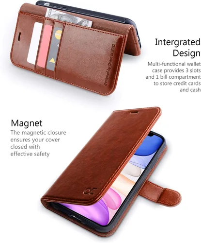 Miniatura 3 de OCASE Funda tipo cartera compatible con iPhone 11 con tarjetero y soporte para tarjetas, funda de piel sintética con función atril y cierre Marrón