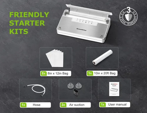 Miniatura 7 de Bonsenkitchen Máquina selladora al vacío, sellador de alimentos de acero inoxidable con 1 rollo y 5 bolsas, 5 modos de vacío de alimentos, cortador