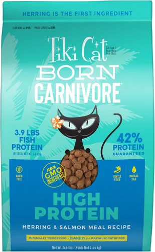 Tiki Cat Born Carnivore - Alimento seco para gatos con alto contenido de proteínas, harina de arenque y salmón, bolsa de 5.6 libras