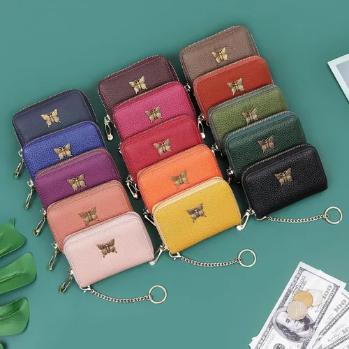 Miniatura 6 de imeetu Portatarjetas de crédito RFID para mujer, pequeña cartera de cuero con cremallera con llavero extraíble, Gris topo, S, Cartera para tarjetas