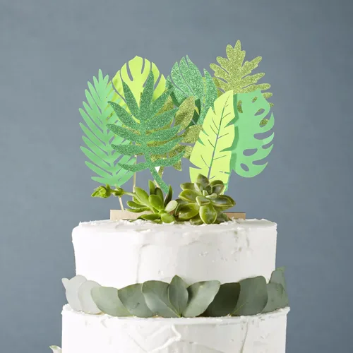 Miniatura 4 de 16 piezas de hojas tropicales con purpurina para tartas tropicales, decoración para tartas de boda, decoración de pastel de hojas de palmera