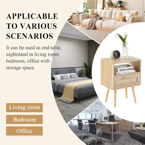 Miniatura 7 de Mesita de noche, mesa auxiliar con cajón decorativo de ratán y patas de madera maciza, mesa decorativa de madera con almacenamiento para dormitorio