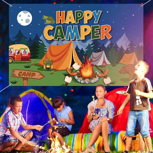 Miniatura 5 de Tatuo Telón de fondo de campamento Happy Camper - Fondo de fotos para colgar en la pared para niños, niños, adolescentes, suministros de fiesta
