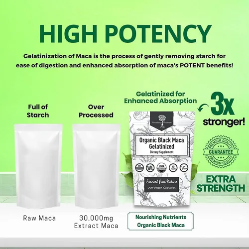 Miniatura 5 de Maca negra gelatinizada orgánica 3 veces más fuerte, 200 cápsulas para hombres y mujeres, suplemento energético natural para concentración