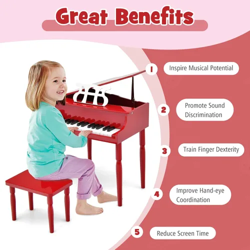 Miniatura 2 de Costzon Piano Clásico para Niños, Piano de Madera de 30 Teclas con Soporte para Partituras y Asiento, Mini Juguete Musical para Niños, Ideal