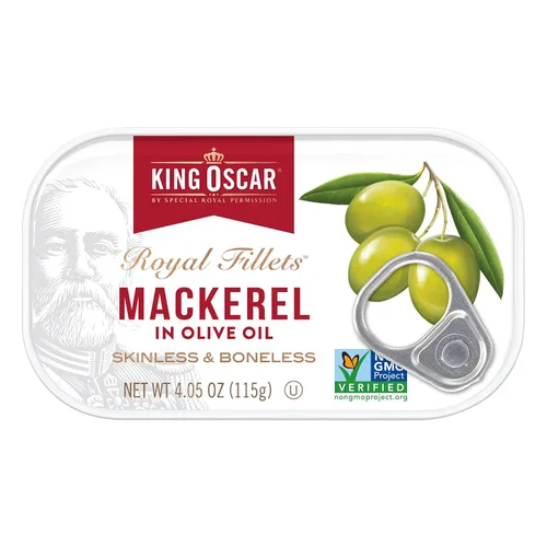 Miniatura 3 de King Oscar Caballa en aceite de oliva, lata de 4.05 onzas (paquete de 6, el embalaje puede variar), sin piel y sin hueso, caballa enlatada capturada