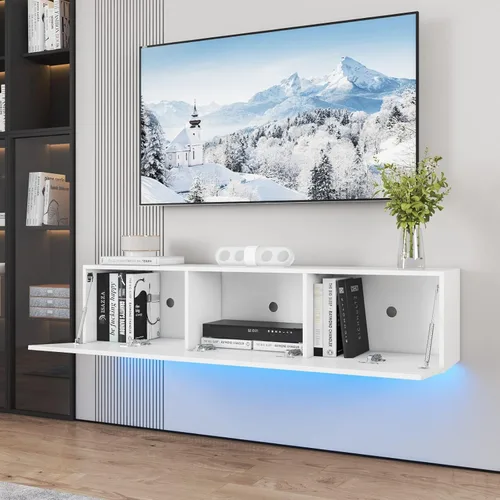 Miniatura 9 de Soporte de TV flotante con LED para TV de 60, 65, 70 pulgadas, brillante centro de entretenimiento moderno montado en la pared con almacenamiento