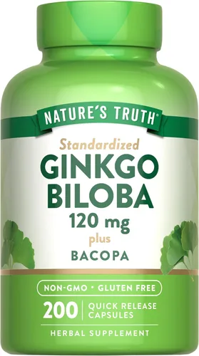 Nature's Truth Ginkgo Biloba 120mg | Plus Bacopa | 200 cápsulas de liberación rápida | Extracto estandarizado | Suplemento sin OMG y sin gluten