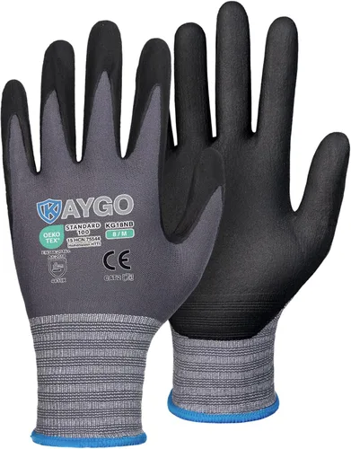 KAYGO Guantes de trabajo de seguridad con revestimiento de nitrilo de microespuma, 3 pares, KG18NB, guantes de nailon de punto sin costuras para Gris